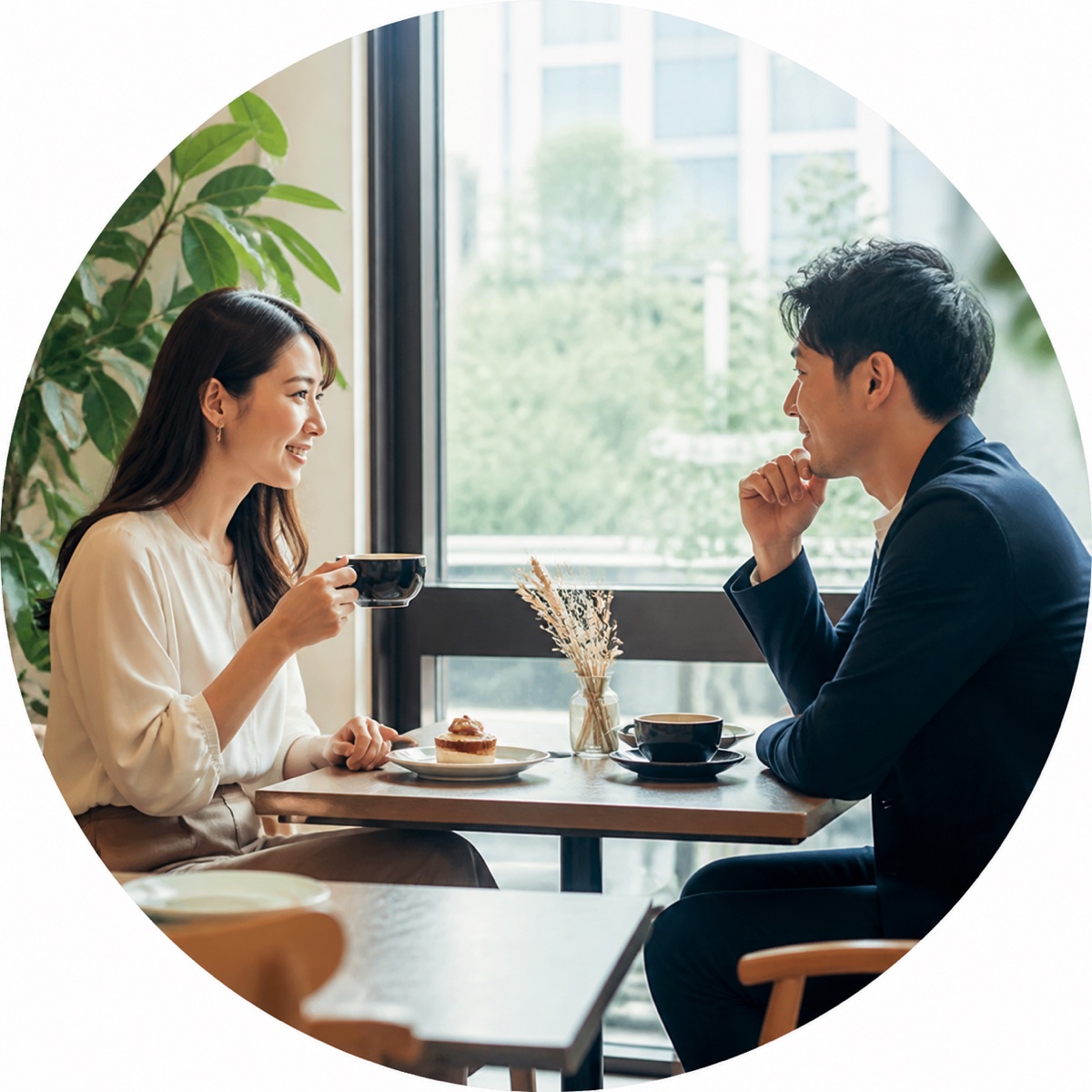 カフェで向かい合って会話する二人