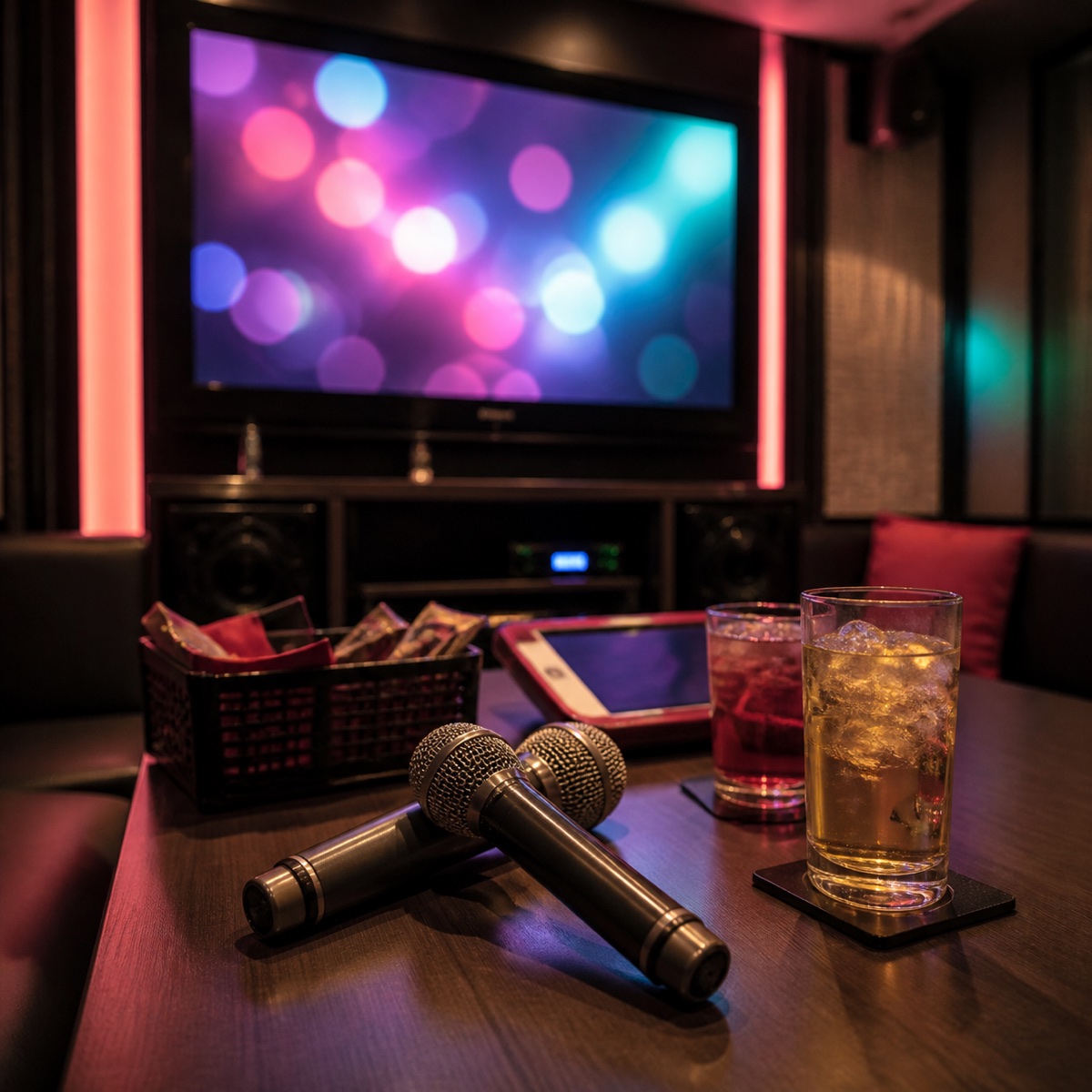 カラオケルームでマイクを持つ女性