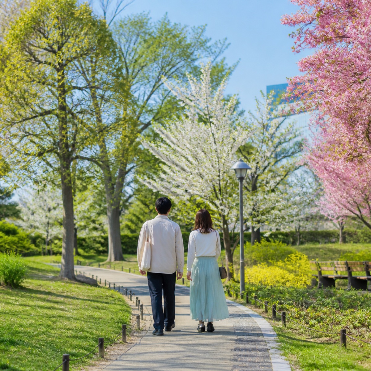 緑の公園を散歩する二人